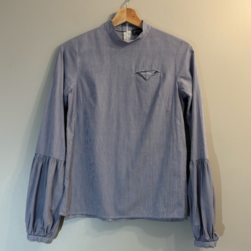 Greysn Women’s Blue White Thin Striped Puffy Long Sleeve Top Size XS